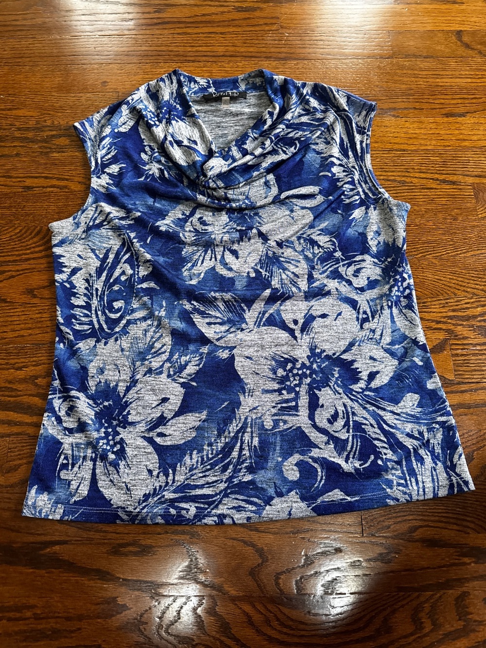 Kasper Blue Gray Floral Cowl Neck Sleeveless Pullover Top Women Petite PL